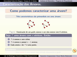 Universidade Federal de Alagoas - Campus A. C. Simões Instituto de Matemática - Programa de Pós-graduação
Caracterização das Árvores.
Como podemos caracterizar uma árvore?
Três características são primordiais em uma árvore:
Figura: Construção de um grafo conexo e um não-conexo com 6 vértices.
Seja T uma árvore com n vértices. Então:
1 T é conexo e sem ciclos;
2 T é conexo e possui n − 1 arestas;
3 Cada aresta e de T é uma ponte.
Lembrete
Uma ponte é uma aresta cuja retirada desconecta o grafo.
Lab. de Modelagem Geométrica e Visão Computacional Geometria Computacional: Árvore Binária Balanceada
 