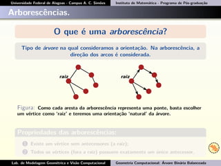 Universidade Federal de Alagoas - Campus A. C. Simões Instituto de Matemática - Programa de Pós-graduação
Arborescências.
O que é uma arborescência?
Tipo de árvore na qual consideramos a orientação. Na arborescência, a
direção dos arcos é considerada.
Figura: Como cada aresta da arborescência representa uma ponte, basta escolher
um vértice como ‘raiz’ e teremos uma orientação ‘natural’ da árvore.
Propriedades das arborescências:
1 Existe um vértice sem antecessores (a raiz);
2 Todos os vértices (fora a raiz) possuem exatamente um único antecessor.
Lab. de Modelagem Geométrica e Visão Computacional Geometria Computacional: Árvore Binária Balanceada
 