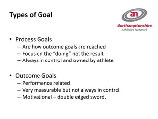 Types of Goal
• Process Goals
– Are how outcome goals are reached
– Focus on the “doing” not the result
– Always in control and owned by athlete
• Outcome Goals
– Performance related
– Very measurable but not always in control
– Motivational – double edged sword.
 