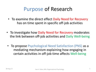 Purpose of Research
• To examine the direct effect Daily Need for Recovery
has on time spent in specific off-job activities
• To investigate how Daily Need for Recovery moderates
the link between off-job activities and Daily Well-being
• To propose Psychological Need Satisfaction (PNS) as a
mediating mechanism explaining how engaging in
certain activities in off-job time affects Well-being
28-Aug-13 5Ivan V. Valev, MSc Organisational Psychology
 