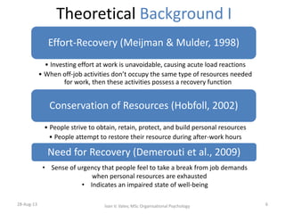 Theoretical Background I
28-Aug-13 Ivan V. Valev, MSc Organisational Psychology 6
Effort-Recovery (Meijman & Mulder, 1998)
• Investing effort at work is unavoidable, causing acute load reactions
• When off-job activities don’t occupy the same type of resources needed
for work, then these activities possess a recovery function
Conservation of Resources (Hobfoll, 2002)
• People strive to obtain, retain, protect, and build personal resources
• People attempt to restore their resource during after-work hours
Need for Recovery (Demerouti et al., 2009)
• Sense of urgency that people feel to take a break from job demands
when personal resources are exhausted
• Indicates an impaired state of well-being
 