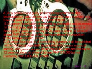 A.)Any person found guilty of committing cybercrimeacts
enumerated six yearsand oneday to twelve12 yearsin prison, or a
fineof at least PHP200,000 up to PHP500,000.
B.)A person found guilty of committing punishableactsenumerated
In thefirst group shall bepunished with reclusio n tempo ral, or
Serving of12 yearsand oneday to 20 yearsin prison, or afineof
atleast PHP500,000 up to themaximum amount in proportion
to thedamageincurred, or both.
C.)A person found guilty of committing cybersex shall bepunished
in thefirst two groupsshall bepunished with prisio n mayo r, or
serving with prisio n mayo r, or serving of six yearsand oneday to
12 yearsin prison, or afineof at least PHP200,000 but not
Exceeding PHP1,000,000, or both.
Back...!!!
 