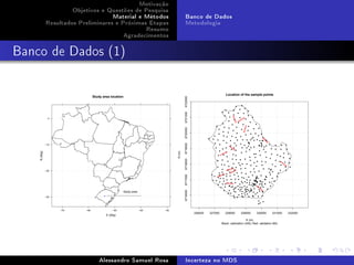Motivação
Objetivos e Questões de Pesquisa
Material e Métodos
Resultados Preliminares e Próximas Etapas
Resumo
Agradecimentos

Banco de Dados
Metodologia

Banco de Dados (1)

Location of the sample points

6722000

Study area location

6721000

q

6720000
6719000

q

q q
q qq

q
q

6717000

q

q

q

q
q
q q qq
q q
q
q
q

q
q

q

q

q

q

q

q

q
q

q
qq q q q
q
q
q

q

q

qq

6716000

q
q

q
q

q
q

q

q

q
q
q
q

q

q

−60

−50

−40

q
q

q
q

q

q

q
qq

q
q

q

q
q

q
q

q q
q
q

q

q
q

q

q

q

q
q

q

q

q
q

q

q
q
q
q
q
q
q
q q
q
q
q
q
q
qq
q
q
q q q qq
q
q
q
q
q
q
q q
q
q q
q
q
q q
q
qq
q
q
q q
q
q
q
q
q
q
q
q
q
q q
q q q
q
q
q
q
q
q q
q q
q q
q
q
q
q
qq
q
q
q
q
q q
q
q
q
q q
q
q
q
q
q
q
q
q
q
q
q
q
q

q

q

q
q

−70

q

q
q

q

q

q

q

q

q

q

q

q

q

q
q

q

q

q q

q

q

q

q

q

q
q

q

q

q

q
q

q
q
q
q
q q
qq
q
q qq
q
q
q
q
q

qq
q

q
q

q

q

q

q
qq

q
q
q

q

q

q

q

q

q

q

q

q
q
qq q
q

q

q

q

−20

−30

q
q

q

q

q

q

q

q

q

q
q
q

q

q q

q

q

q

q

q
q

q
q

q

q

q

q
qq

qq
q

q

q

q
q
q

q

qq
q

q

q

q

q

q

q
q

q

q

q

q

q

q

q
q

q

q

q

q

q
q

q

q

q

q

q q
q
q
q
q
q

q

q

q

q

q

q

q

q

q

q

q

q

q

q

q
q

q

q

q

q

q

6718000

N (m)

N (deg)

q
q

q

q

q

q

q

Study area

q
q

q
q
q
q
q
q
q

q
q

q

q

q

q
q

q

−10

q

q
q

q

0

q

q
q

−30

E (deg)

226000

227000

228000

229000

230000

231000

E (m)
Black: calibration (340); Red: validation (60)

Alessandro Samuel Rosa

Incerteza no MDS

232000

 
