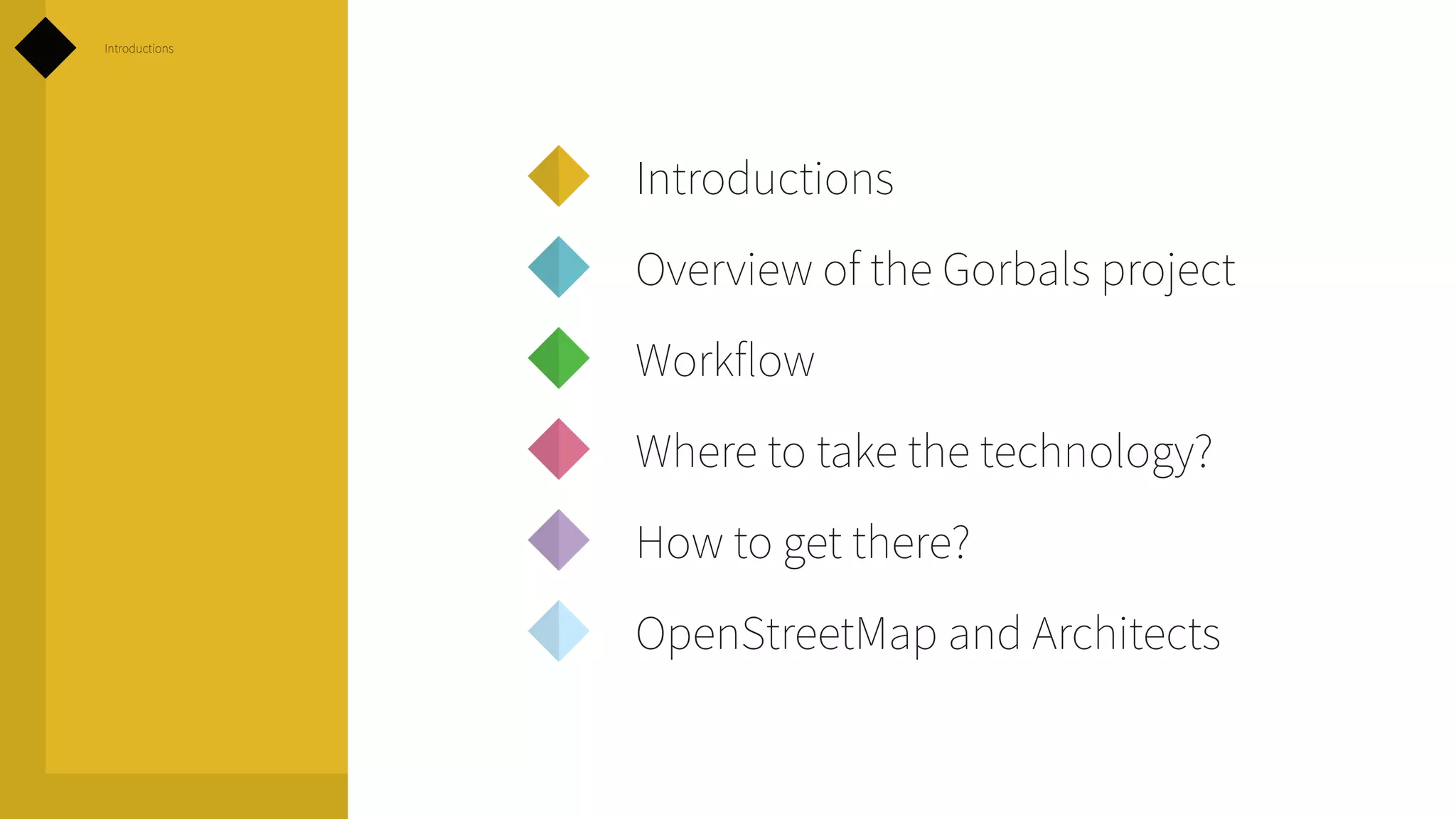Introductions

Introductions
Overview of the Gorbals project
Workflow
Where to take the technology?
How to get there?
OpenStreetMap and Architects

 