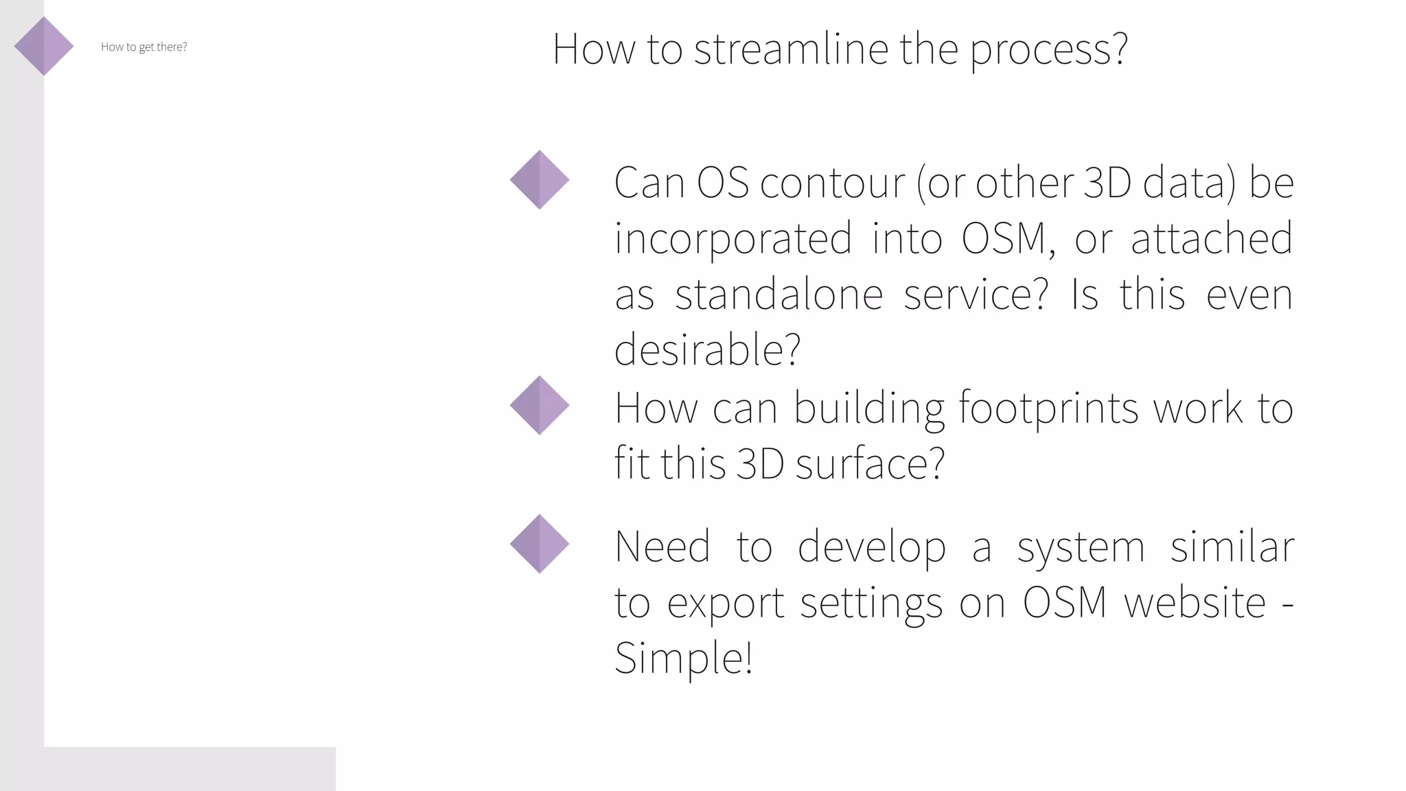 How to get there?

How to streamline the process?
Can OS contour (or other 3D data) be
incorporated into OSM, or attached
as standalone service? Is this even
desirable?
How can building footprints work to
fit this 3D surface?
Need to develop a system similar
to export settings on OSM website Simple!

 
