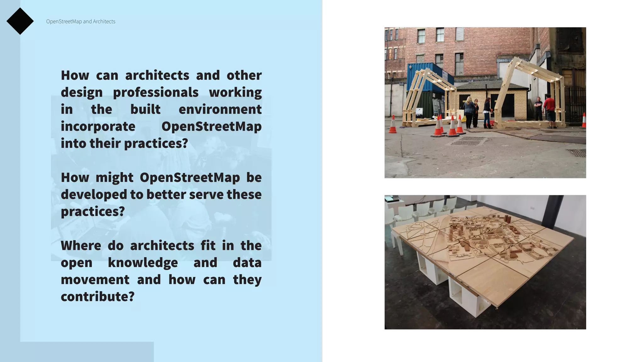 OpenStreetMap and Architects

How can architects and other
design professionals working
in the built environment
incorporate
OpenStreetMap
into their practices?
How might OpenStreetMap be
developed to better serve these
practices?
Where do architects fit in the
open knowledge and data
movement and how can they
contribute?

 