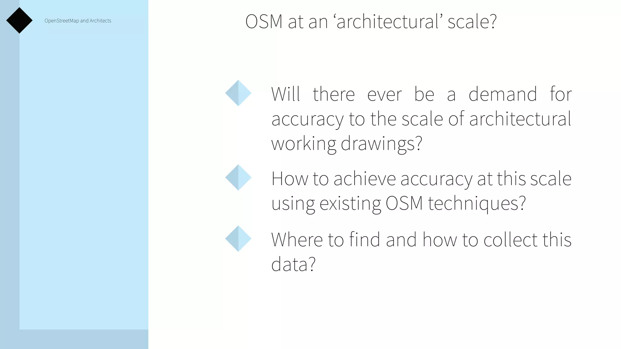 OpenStreetMap and Architects

OSM at an ‘architectural’ scale?
Will there ever be a demand for
accuracy to the scale of architectural
working drawings?
How to achieve accuracy at this scale
using existing OSM techniques?
Where to find and how to collect this
data?

 