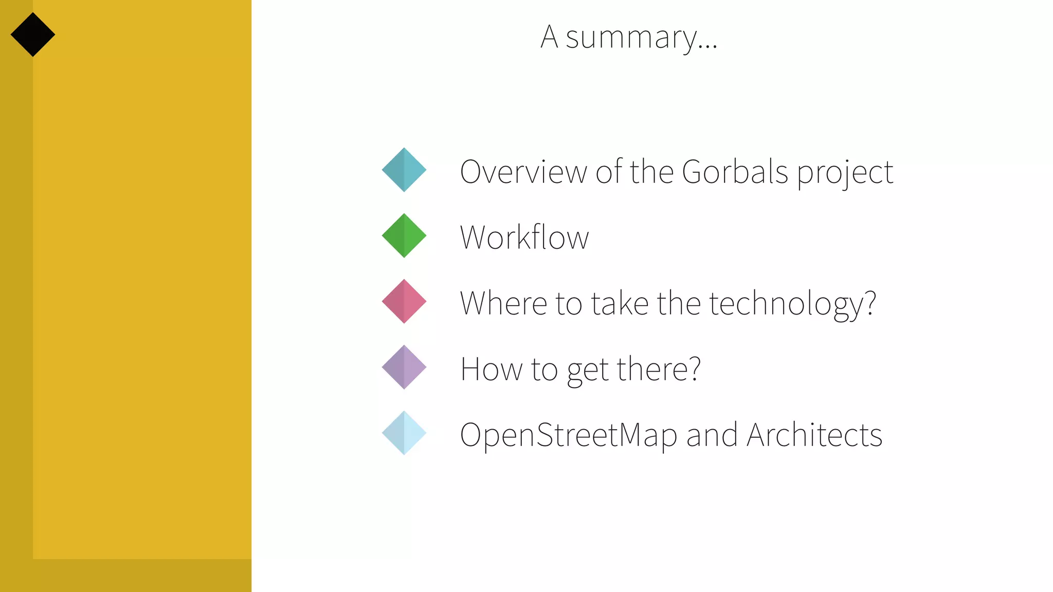 A summary...

Overview of the Gorbals project
Workflow
Where to take the technology?
How to get there?
OpenStreetMap and Architects

 
