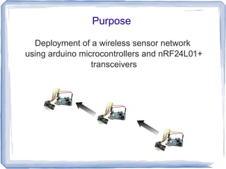 Purpose
Deployment of a wireless sensor network
using arduino microcontrollers and nRF24L01+
transceivers

 