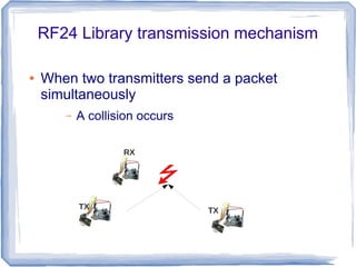 RF24 Library transmission mechanism
●

When two transmitters send a packet
simultaneously
–

A collision occurs
RX

TX

TX

 