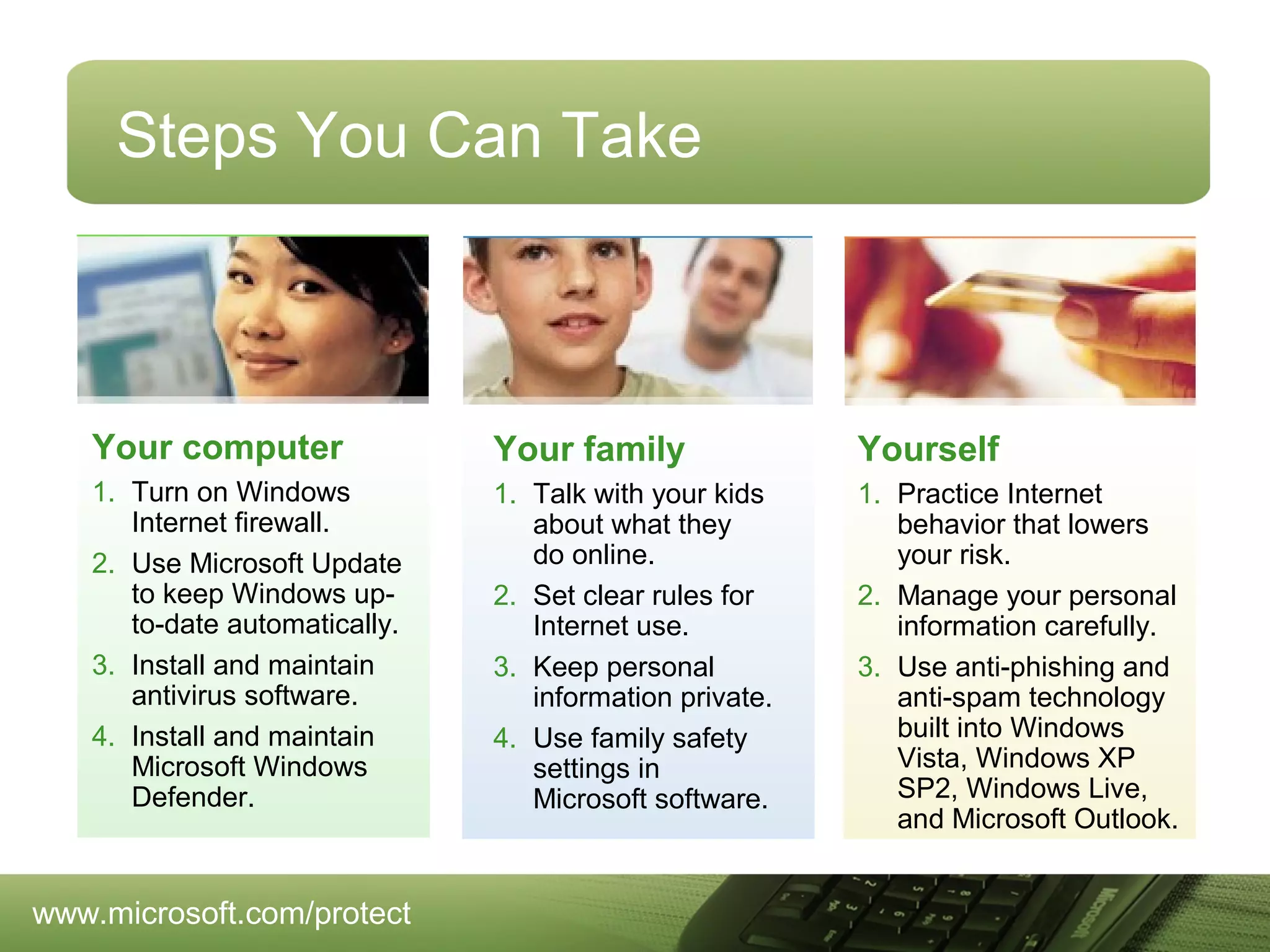 Steps You Can Take

Your computer

Your family

Yourself

1. Turn on Windows
Internet firewall.
2. Use Microsoft Update
to keep Windows upto-date automatically.
3. Install and maintain
antivirus software.
4. Install and maintain
Microsoft Windows
Defender.

1. Talk with your kids
about what they
do online.
2. Set clear rules for
Internet use.
3. Keep personal
information private.
4. Use family safety
settings in
Microsoft software.

1. Practice Internet
behavior that lowers
your risk.
2. Manage your personal
information carefully.
3. Use anti-phishing and
anti-spam technology
built into Windows
Vista, Windows XP
SP2, Windows Live,
and Microsoft Outlook.

www.microsoft.com/protect

 