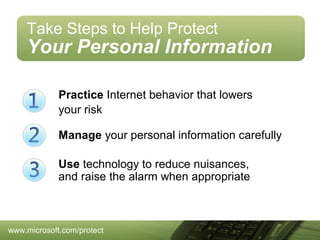 Take Steps to Help Protect

Your Personal Information
Practice Internet behavior that lowers
your risk
Manage your personal information carefully
Use technology to reduce nuisances,
and raise the alarm when appropriate

www.microsoft.com/protect

 