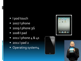  I pod touch
 2007 I phone

 2009 I phone 3G
 2008 I pad
 2011 I phone 4 & 4s

 2011 I pad 2
 Operating system4

 