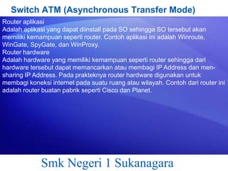 Switch ATM (Asynchronous Transfer Mode)
Router aplikasi
Adalah aplikasi yang dapat diinstall pada SO sehingga SO tersebut akan
memiliki kemampuan seperti router. Contoh aplikasi ini adalah Winroute,
WinGate, SpyGate, dan WinProxy.
Router hardware
Adalah hardware yang memiliki kemampuan seperti router sehingga dari
hardware tersebut dapat memancarkan atau membagi IP Address dan mensharing IP Address. Pada prakteknya router hardware digunakan untuk
membagi koneksi internet pada suatu ruang atau wilayah. Contoh dari router ini
adalah router buatan pabrik seperti Cisco dan Planet.

Smk Negeri 1 Sukanagara

 