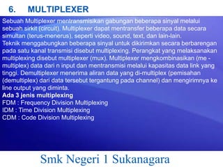 6.

MULTIPLEXER

Sebuah Multiplexer mentransmisikan gabungan beberapa sinyal melalui
sebuah sirkit (circuit). Multiplexer dapat mentransfer beberapa data secara
simultan (terus-menerus), seperti video, sound, text, dan lain-lain.
Teknik menggabungkan beberapa sinyal untuk dikirimkan secara berbarengan
pada satu kanal transmisi disebut multiplexing. Perangkat yang melaksanakan
multiplexing disebut multiplexer (mux). Multiplexer mengkombinasikan (me multiplex) data dari n input dan mentransmisi melalui kapasitas data link yang
tinggi. Demultiplexer menerima aliran data yang di-multiplex (pemisahan
(demultiplex) dari data tersebut tergantung pada channel) dan mengirimnya ke
line output yang diminta.
Ada 3 jenis multiplexing
FDM : Frequency Division Multiplexing
IDM : Time Division Multiplexing
CDM : Code Division Multiplexing

Smk Negeri 1 Sukanagara

 