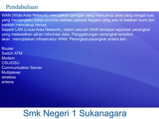 Pendahuluan
WAN (Wide Area Network) merupakan jaringan yang mencakup area yang sangat luas
yang menjangkau batas provinsi bahkan sampai Negara yang ada di belahan bumi lain
bahkan mencakup benua.
Seperti LAN (Local Area Network), dalam sebuah WAN terdapat sejumlah perangkat
yang melewatkan aliran informasi data. Penggabungan perangkat tersebut
akan menciptakan infrastruktur WAN. Perangkat-perangkat antara lain :
Router
Switch ATM
Modem
CSU/DSU
Communication Server
Multiplexer
wireless
antena

Smk Negeri 1 Sukanagara

 