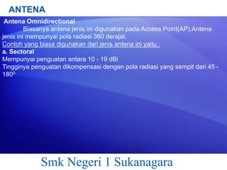 ANTENA
Antena Omnidirectional
Biasanya antena jenis ini digunakan pada Access Point(AP).Antena
jenis ini mempunyai pola radiasi 360 derajat.
Contoh yang biasa digunakan dari jenis antena ini yaitu :
a. Sectoral
Mempunyai penguatan antara 10 - 19 dBi
Tingginya penguatan dikompensasi dengan pola radiasi yang sempit dari 45 1800

Smk Negeri 1 Sukanagara

 
