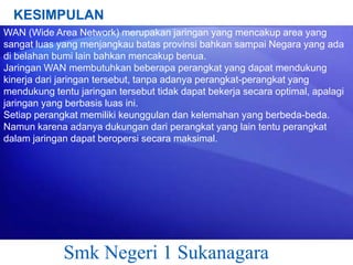 KESIMPULAN
WAN (Wide Area Network) merupakan jaringan yang mencakup area yang
sangat luas yang menjangkau batas provinsi bahkan sampai Negara yang ada
di belahan bumi lain bahkan mencakup benua.
Jaringan WAN membutuhkan beberapa perangkat yang dapat mendukung
kinerja dari jaringan tersebut, tanpa adanya perangkat-perangkat yang
mendukung tentu jaringan tersebut tidak dapat bekerja secara optimal, apalagi
jaringan yang berbasis luas ini.
Setiap perangkat memiliki keunggulan dan kelemahan yang berbeda-beda.
Namun karena adanya dukungan dari perangkat yang lain tentu perangkat
dalam jaringan dapat beropersi secara maksimal.

Smk Negeri 1 Sukanagara

 