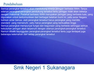 Pendahuluan
Semua perangkat tersebut akan mendukung kinerja jaringan berbasis WAN. Tanpa
adanya perangkat-perangkat pendukung tersebut tentu jaringan tidak akan bekerja
dengan maksimal. Padahal berbasis WAN merupakan jaringan yang berbasis luas, yang
digunakan untuk berkomunikasi dari berbagai belahan bumi ini, yaitu antar Negara
bahkan antar benua. Jadi perangkat tersebut harus perangkat yang memiliki
standard yang memenuhi, yaitu harus perangkat yang berkualitas tinggi.
Semua perangkat mempunyai fungsi dan kegunaan yang berbeda sehingga semua
kebutuhan jaringan akan terpenuhi dengan adanya perangkat-perangkat tersebut.
Namun dibalik keunggulan perangkat-perangkat tersebut tentu juga terdapat juga
beberapa kelemahan dari setiap perangkat tersebut

Smk Negeri 1 Sukanagara

 