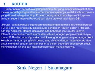 1.

ROUTER

Router adalah sebuah alat jaringan komputer yang mengirimkan paket data
melalui sebuah jaringan atau Internet menuju tujuannya, melalui sebuah proses
yang dikenal sebagai routing. Proses routing terjadi pada lapisan 3 (Lapisan
jaringan seperti Internet Protocol) dari stack protokol tujuh-lapis OSI.
. Router sangat banyak digunakan dalam jaringan berbasis teknologi protokol
TCP/IP, dan router jenis itu disebut juga dengan IP Router. Selain IP Router,
ada lagi AppleTalk Router, dan masih ada beberapa jenis router lainnya.
Internet merupakan contoh utama dari sebuah jaringan yang memiliki banyak
router IP. Router dapat digunakan untuk menghubungkan banyak jaringan kecil
ke sebuah jaringan yang lebih besar, yang disebut dengan internetwork, atau
untuk membagi sebuah jaringan besar ke dalam beberapa subnetwork untuk
meningkatkan kinerja dan juga mempermudah manajemennya.

Smk Negeri 1 Sukanagara

 