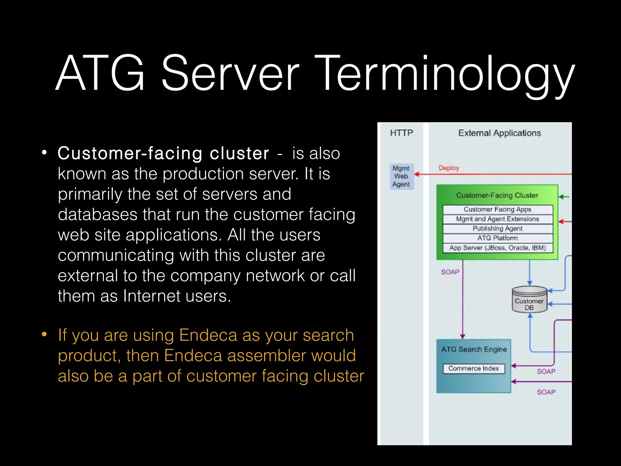 ATG Server Terminology
•

Customer-facing cluster - is also
known as the production server. It is
primarily the set of servers and
databases that run the customer facing
web site applications. All the users
communicating with this cluster are
external to the company network or call
them as Internet users.

•

If you are using Endeca as your search
product, then Endeca assembler would
also be a part of customer facing cluster

 