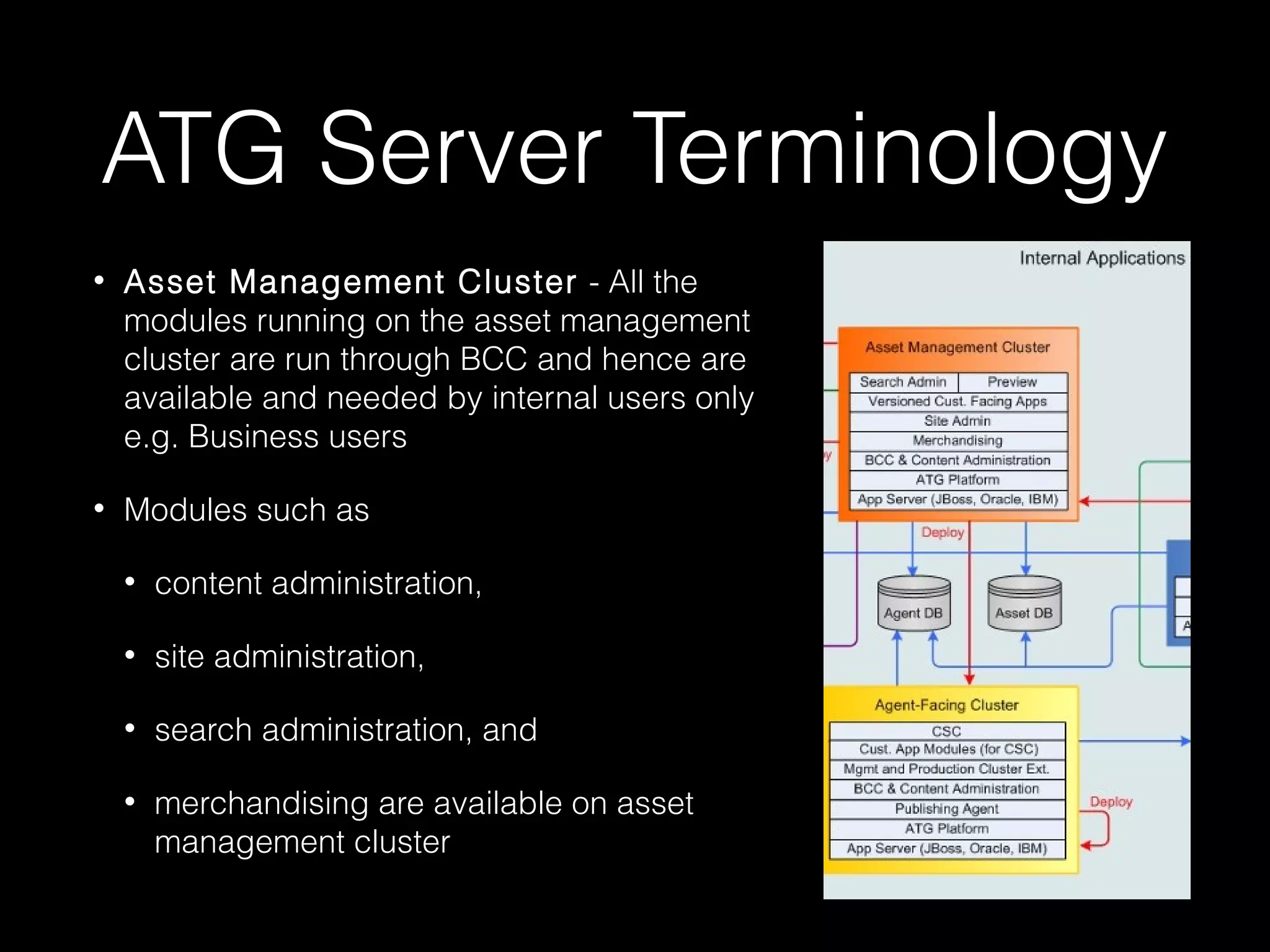 ATG Server Terminology
•

Asset Management Cluster - All the
modules running on the asset management
cluster are run through BCC and hence are
available and needed by internal users only
e.g. Business users

•

Modules such as
•

content administration,

•

site administration,

•

search administration, and

•

merchandising are available on asset
management cluster

 