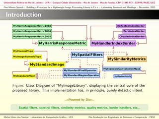 Universidade Federal do Rio de Janeiro - UFRJ - Campus Cidade Universitária - Rio de Janeiro - Ilha do Fundão, CEP: 21941-972 - COPPE/PESC/LCG
Five Minute Speech :: Building a Prototype for a Lightweight Image Processing Library in C++ :: Laboratory Seminars and Meetings :: December, 2013

Introduction

Figure: Class Diagram of “MyImageLibrary”, displaying the central core of the
proposed library. This implementation has, in principle, purely didactic intent.
..::Powered by Dia::..
Spatial ﬁlters, spectral ﬁlters, similarity metrics, quality metrics, border handlers, etc...
Michel Alves dos Santos: Laboratório de Computação Gráﬁca - LCG

Pós-Graduação em Engenharia de Sistemas e Computação - PESC

 