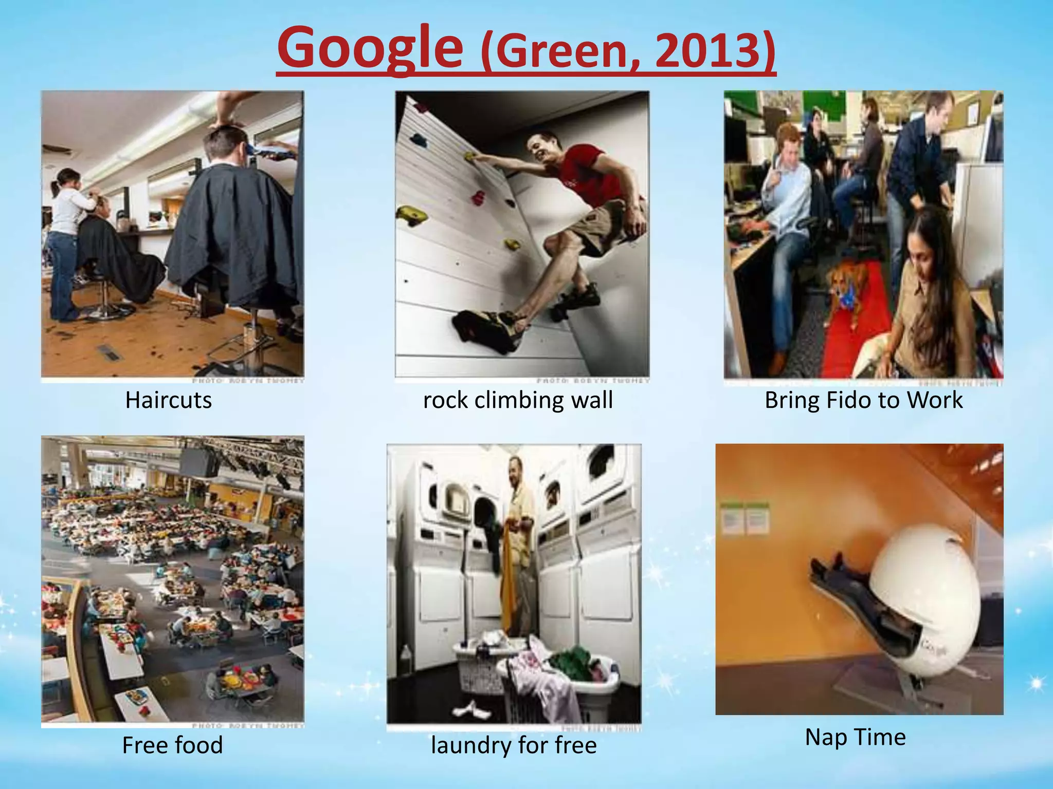 Google (Green, 2013)

Haircuts

rock climbing wall

Free food

laundry for free

Bring Fido to Work

Nap Time

 