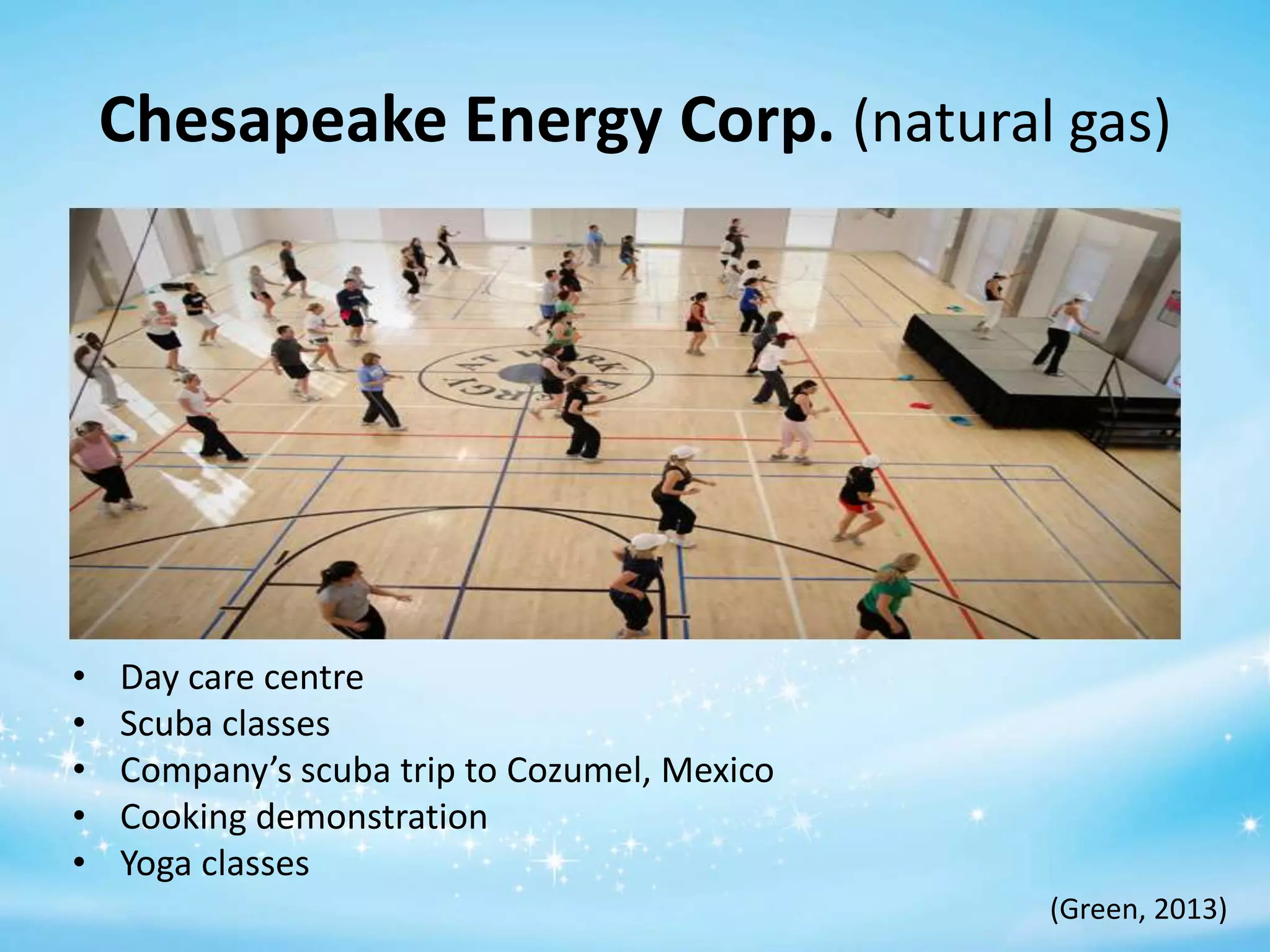 Chesapeake Energy Corp. (natural gas)

•
•
•
•
•

Day care centre
Scuba classes
Company’s scuba trip to Cozumel, Mexico
Cooking demonstration
Yoga classes
(Green, 2013)

 