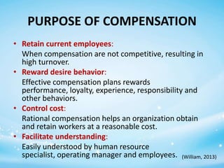 PURPOSE OF COMPENSATION
• Retain current employees:
When compensation are not competitive, resulting in
high turnover.
• Reward desire behavior:
Effective compensation plans rewards
performance, loyalty, experience, responsibility and
other behaviors.
• Control cost:
Rational compensation helps an organization obtain
and retain workers at a reasonable cost.
• Facilitate understanding:
Easily understood by human resource
specialist, operating manager and employees. (William, 2013)

 