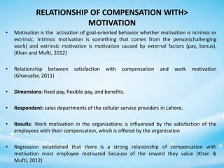 RELATIONSHIP OF COMPENSATION WITH>
MOTIVATION
•

Motivation is the activation of goal-oriented behavior whether motivation is intrinsic or
extrinsic. Intrinsic motivation is something that comes from the person(challenging
work) and extrinsic motivation is motivation caused by external factors (pay, bonus).
(Khan and Mufti, 2012)

•

Relationship between
(Ghanzafar, 2011)

•

Dimensions: fixed pay, flexible pay, and benefits.

•

Respondent: sales departments of the cellular service providers in Lahore.

•

Results: Work motivation in the organizations is influenced by the satisfaction of the
employees with their compensation, which is offered by the organization

•

Regression established that there is a strong relationship of compensation with
motivation most employee motivated because of the reward they value (Khan &
Mufti, 2012)

satisfaction

with

compensation

and

work

motivation

 