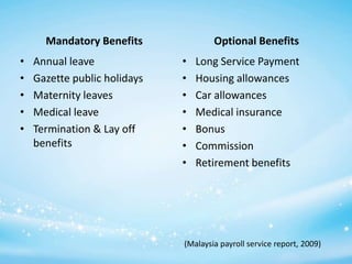 Mandatory Benefits
•
•
•
•
•

Annual leave
Gazette public holidays
Maternity leaves
Medical leave
Termination & Lay off
benefits

Optional Benefits
•
•
•
•
•
•
•

Long Service Payment
Housing allowances
Car allowances
Medical insurance
Bonus
Commission
Retirement benefits

(Malaysia payroll service report, 2009)

 