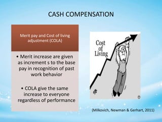 CASH COMPENSATION
Merit pay and Cost of living
adjustment (COLA)

• Merit increase are given
as increment s to the base
pay in recognition of past
work behavior
• COLA give the same
increase to everyone
regardless of performance
(Milkovich, Newman & Gerhart, 2011)

 