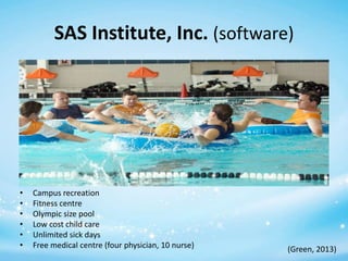 SAS Institute, Inc. (software)

•
•
•
•
•
•

Campus recreation
Fitness centre
Olympic size pool
Low cost child care
Unlimited sick days
Free medical centre (four physician, 10 nurse)

(Green, 2013)

 