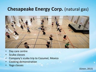 Chesapeake Energy Corp. (natural gas)

•
•
•
•
•

Day care centre
Scuba classes
Company’s scuba trip to Cozumel, Mexico
Cooking demonstration
Yoga classes
(Green, 2013)

 