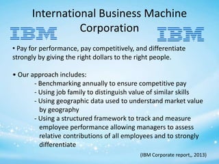 International Business Machine
Corporation
• Pay for performance, pay competitively, and differentiate
strongly by giving the right dollars to the right people.
• Our approach includes:
- Benchmarking annually to ensure competitive pay
- Using job family to distinguish value of similar skills
- Using geographic data used to understand market value
by geography
- Using a structured framework to track and measure
employee performance allowing managers to assess
relative contributions of all employees and to strongly
differentiate
(IBM Corporate report,, 2013)

 