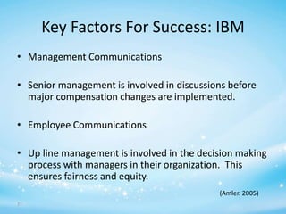 Key Factors For Success: IBM
• Management Communications
• Senior management is involved in discussions before
major compensation changes are implemented.

• Employee Communications
• Up line management is involved in the decision making
process with managers in their organization. This
ensures fairness and equity.
(Amler. 2005)
77

 