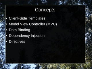 Concepts
●

Client-Side Templates

●

Model View Controller (MVC)

●

Data Binding

●

Dependency Injection

●

Directives

 