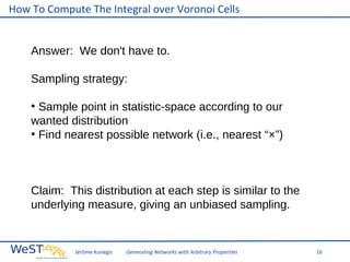 How To Compute The Integral over Voronoi Cells
Answer: We don't have to.
Sampling strategy:
Sample point in statistic-space according to our
wanted distribution
●
Find nearest possible network (i.e., nearest “×”)
●

Claim: This distribution at each step is similar to the
underlying measure, giving an unbiased sampling.

Jérôme Kunegis

Generating Networks with Arbitrary Properties

16

 