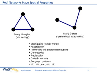 Real Networks Have Special Properties

Many triangles
(“clustering”)

Many 2-stars
(“preferential attachment”)

Short paths (“small world”)
●
Assortativity
●
Power-law-like degree distributions
●
Connectivity
●
Reciprocity
●
Global structure
●
Subgraph patterns
●
etc., etc., etc., etc., etc.
●

Jérôme Kunegis

Generating Networks with Arbitrary Properties

8

 
