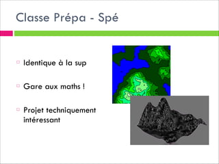 Classe Prépa - Spé
!
!

Identique à la sup
!

Gare aux maths !
!

Projet techniquement
intéressant

 