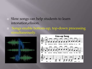



Slow songs can help students to learn
intonation,elision.
Songs enable bottom-up, top-down processing
simultaneously.

 
