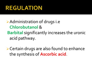  Administration of drugs i.e
Chlorobutanol &
Barbital significantly increases the uronic
acid pathway.
Certain drugs are also found to enhance
the synthesis of Ascorbic acid.
