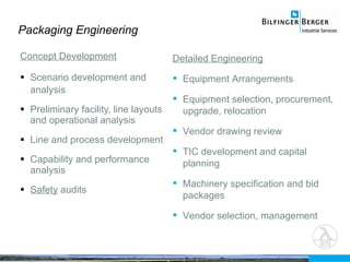 Packaging Engineering Concept Development Scenario development and analysis Preliminary facility, line layouts and operational analysis Line and process development Capability and performance analysis Safety  audits Detailed Engineering Equipment Arrangements Equipment selection, procurement, upgrade, relocation Vendor drawing review TIC development and capital planning Machinery specification and bid packages Vendor selection, management  