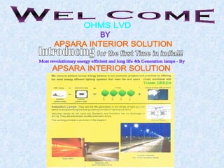 Wel Come OHMS LVD BY APSARA INTERIOR SOLUTION Introducing for the first Time in india!!! Most revolutionary energy efficient and long life 4th Generation lamps - By APSARA INTERIOR SOLUTION 