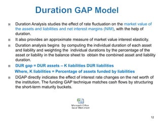    Duration Analysis studies the effect of rate fluctuation on the market value of
    the assets and liabilities and net interest margins (NIM), with the help of
    duration.
   It also provides an approximate measure of market value interest elasticity.
   Duration analysis begins by computing the individual duration of each asset
    and liability and weighting the individual durations by the percentage of the
    asset or liability in the balance sheet to obtain the combined asset and liability
    duration.
   DUR gap = DUR assets – K liabilities DUR liabilities
    Where, K liabilities = Percentage of assets funded by liabilities
   DGAP directly indicates the effect of interest rate changes on the net worth of
    the institution. The funding GAP technique matches cash flows by structuring
    the short-term maturity buckets.




                                                                                   12
 