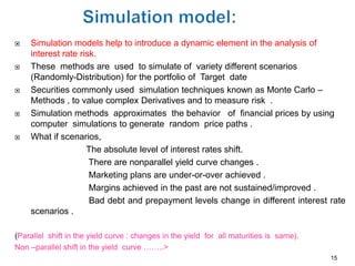   Simulation models help to introduce a dynamic element in the analysis of
    interest rate risk.
   These methods are used to simulate of variety different scenarios
    (Randomly-Distribution) for the portfolio of Target date
   Securities commonly used simulation techniques known as Monte Carlo –
    Methods , to value complex Derivatives and to measure risk .
   Simulation methods approximates the behavior of financial prices by using
    computer simulations to generate random price paths .
   What if scenarios,
                    The absolute level of interest rates shift.
                     There are nonparallel yield curve changes .
                     Marketing plans are under-or-over achieved .
                     Margins achieved in the past are not sustained/improved .
                     Bad debt and prepayment levels change in different interest rate
    scenarios .

(Parallel shift in the yield curve : changes in the yield for all maturities is same).
Non –parallel shift in the yield curve ……..>
                                                                                         15
 