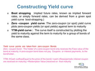     Boot strapping :implied future rates, known as implied forward
        rates, or simply forward rates, can be derived from a given spot
        yield curve boot-strapping.)
       Zero –coupon yield curve :The zero-coupon (or spot) yield curve
        plots zero-coupon yields (or spot yields) against term to maturity
       YTM-yield curve : The curve itself is constructed by plotting the
        yield to maturity against the term to maturity for a group of bonds of
        the same class.


Yield curve points are taken from zero coupon Bonds
Zero –coupon bond : The holder of a zero-coupon bond only receives the Face value of the
bond at maturity. A zero-coupon bond does not pay Coupons or interest payments, to the
bondholder .

YTM-Cash outflow(Equal to the price of the bond) =cash inflows(periodic interest coupon
are received on maturity) +Redemption Value (received on final maturity
 