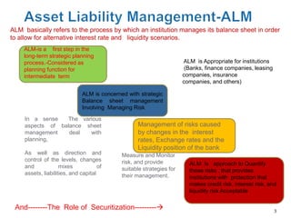 ALM basically refers to the process by which an institution manages its balance sheet in order
to allow for alternative interest rate and liquidity scenarios.
    ALM-is a first step in the
    long-term strategic planning
    process.-Considered as                                              ALM is Appropriate for institutions
    planning function for                                                (Banks, finance companies, leasing
    intermediate term                                                   companies, insurance
                                                                        companies, and others)

                               ALM is concerned with strategic
                               Balance sheet management
                               Involving Managing Risk

     In a sense   The various
     aspects of balance sheet                       Management of risks caused
     management    deal  with                       by changes in the interest
     planning,                                      rates, Exchange rates and the
                                                    Liquidity position of the bank
     As well as direction and                 Measure and Monitor
     control of the levels, changes           risk, and provide
     and             mixes            of                                  ALM Is approach to Quantify
                                              suitable strategies for     these risks , that provides
     assets, liabilities, and capital         their management.           institutions with protection that
                                                                          makes credit risk, interest risk, and
                                                                          liquidity risk Acceptable.

 And--------The Role of Securitization---------                                                              3
 