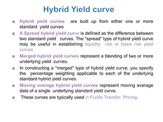    Hybrid yield curves are built up from either one or more
    standard yield curves
   A Spread hybrid yield curve is defined as the difference between
    two standard yield curves. The "spread" type of hybrid yield curve
    may be useful in establishing liquidity risk or basis risk yield
    curves.
   Merged hybrid yield curves represent a blending of two or more
    underlying yield curves.
   In constructing a "merged" type of hybrid yield curve, you specify
    the percentage weighting applicable to each of the underlying
    standard hybrid yield curves.
   Moving average hybrid yield curves represent moving average
    data of a single underlying standard yield curve.
    These curves are typically used in Funds Transfer Pricing.
 